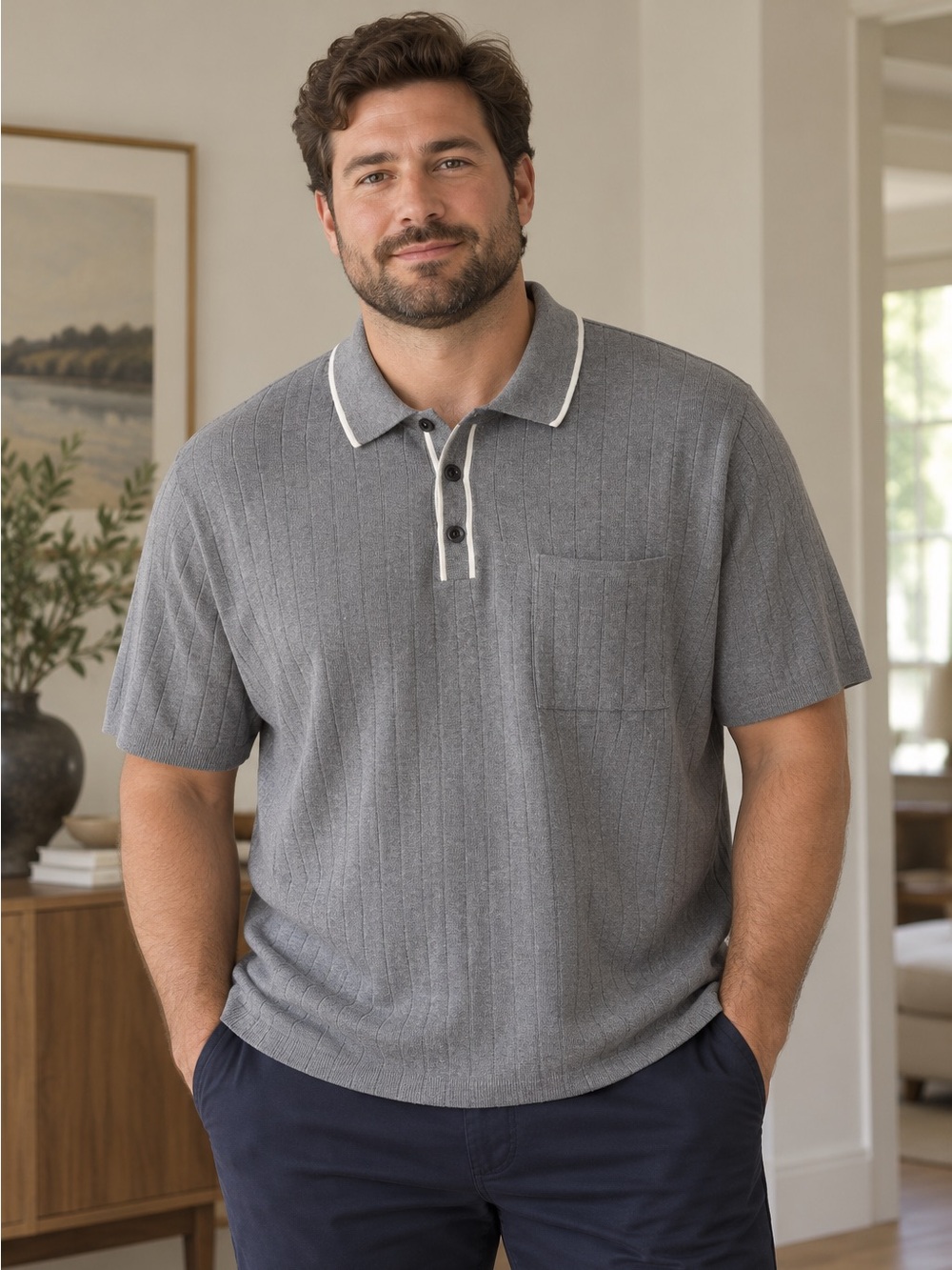 Projek Raw Rib Knit Polo Shirt Gray XXL Quiet Luxury Cotton Blend Stretch Preppy